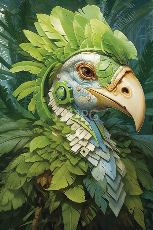avian creatures wear iridescent armor in tropical jungles