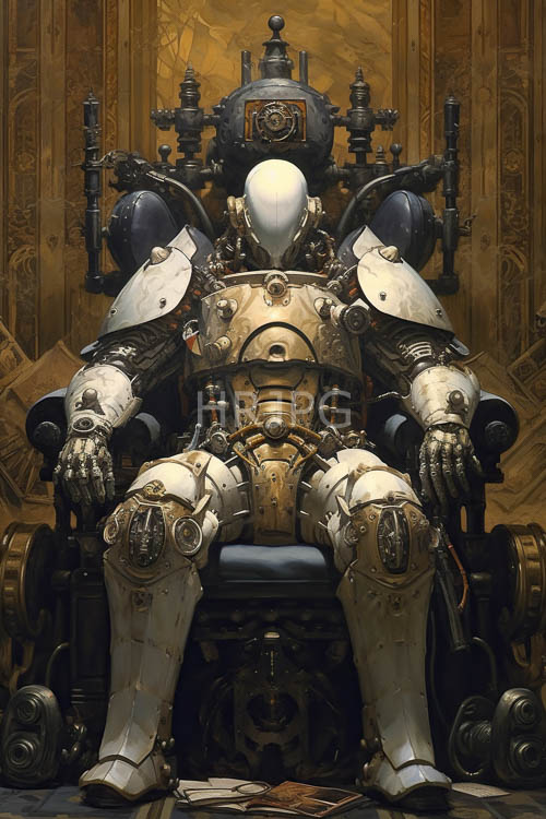 metallic surfaces glimmer in intricate mechanical details on ornate thronelike chair in rich brown wooden room