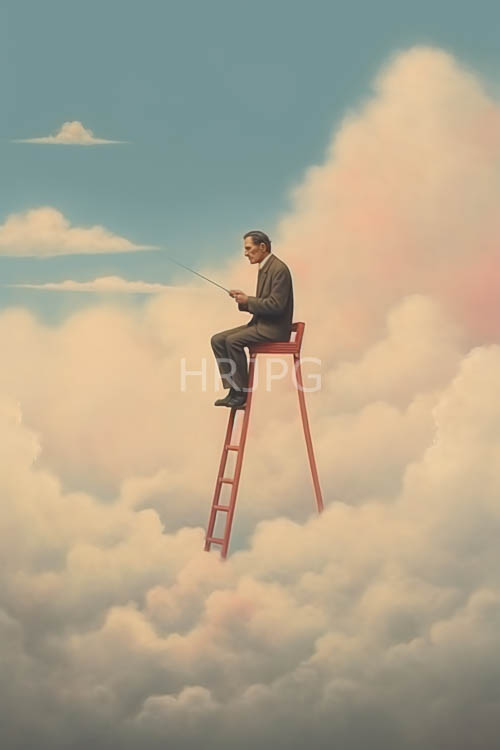 silhouetted figure atop fleecy white clouds amidst brilliant blue sky and crimson ladder