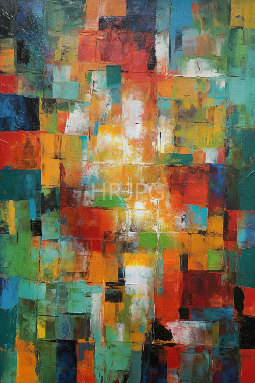 geometric shapes erupt in kaleidoscopic dance of multicolored brushstrokes and textures