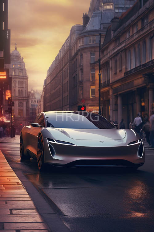 sports cars glide over wet streets beneath yellow skies