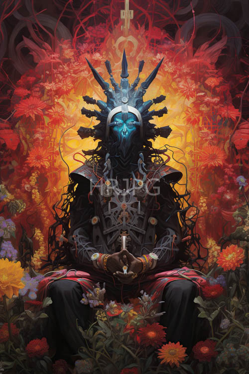 mechanical limbs entwined with latticework enshroud figure amidst swirling petals of color