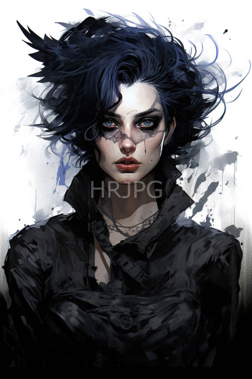 indigo brushstrokes dominate realistic scenery with darkhaired subject