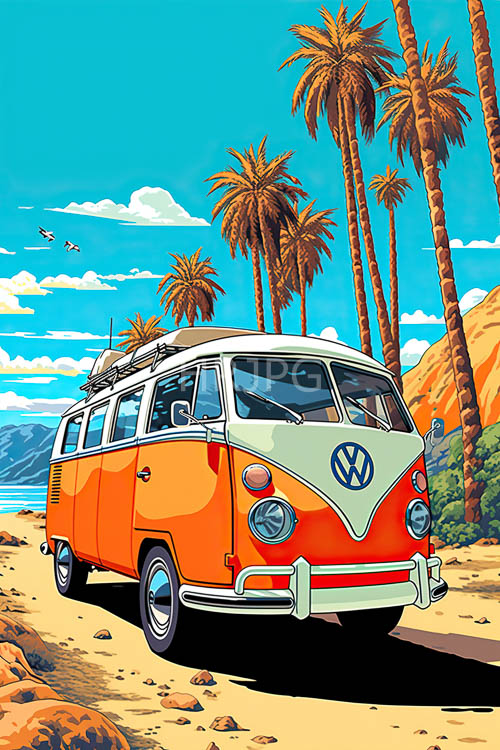 vibrant orange and white vintage volkswagen camper van in tropical paradise