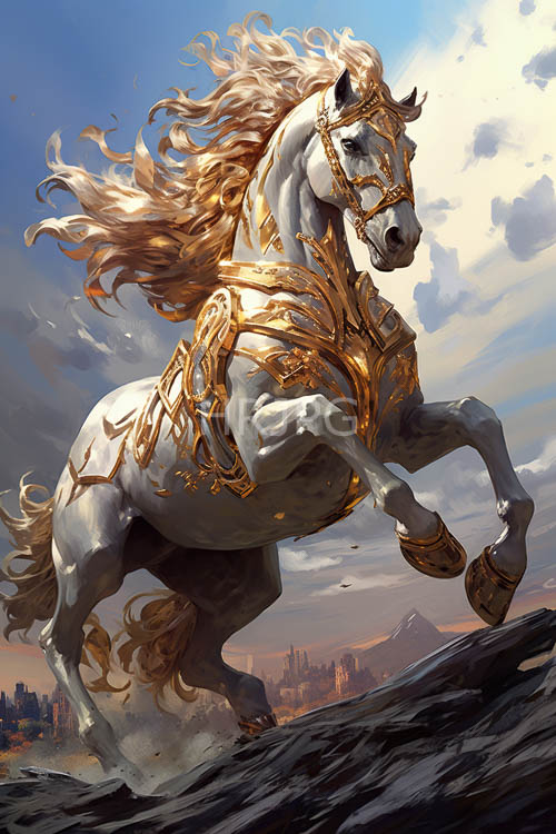 realistic scenery with elegant white horse in windy citysilhouette