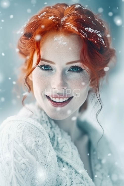 morning light illuminates porcelain skin with delicate freckles and fiery red hair in snowy setting
