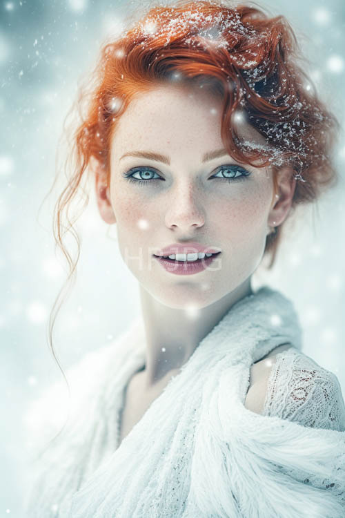 crystalline fragments fall illuminating porcelain complexion in snowy winter