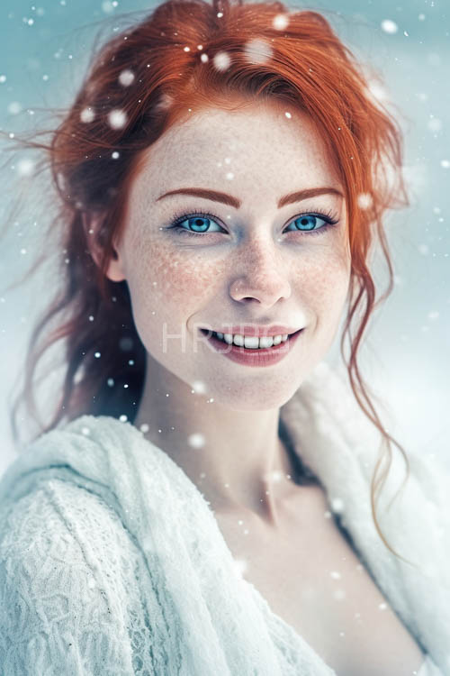 freckled woman in delicate lace amidst pristine winter landscape