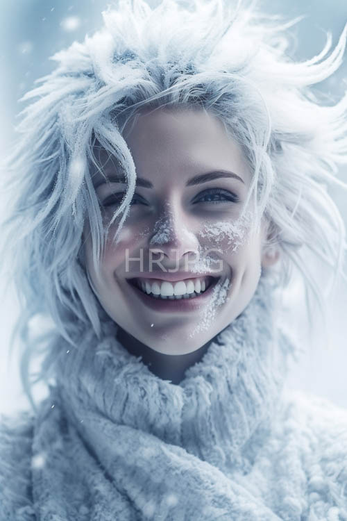 High Resolution: Frosted Snowflakes Settle on the Tousled Hair of a Young Woman in a Snowy Background download. | HRJPG.com
