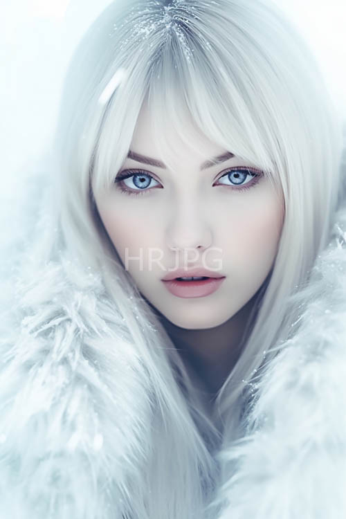 frozen moments unfold behind a regal figure with cascading platinum locks in a winter landscape