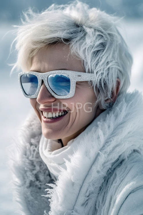 winter frosty trees surround weathered wooden sleds and a dressed woman