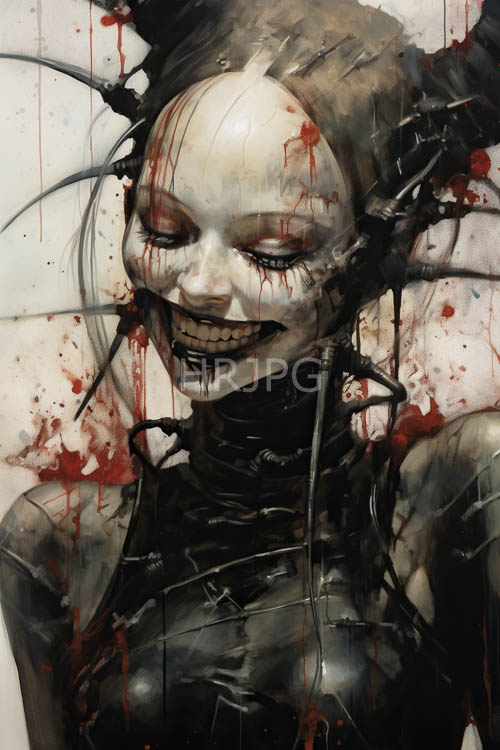 muted crimson lip color contrasts against stark monochromatic background in haunting