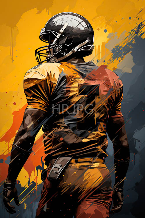 athletic build of football player stands out against vibrant abstract splashes and dark colors on field