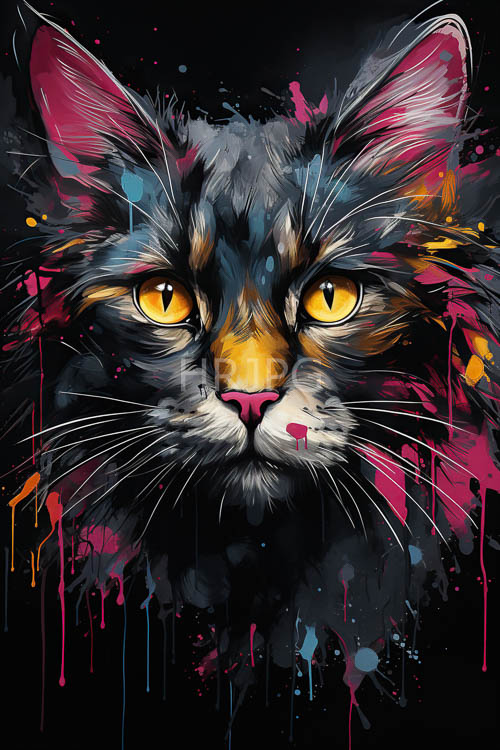feline form emerges from turbulent swirls of blue red and orange painted expressions