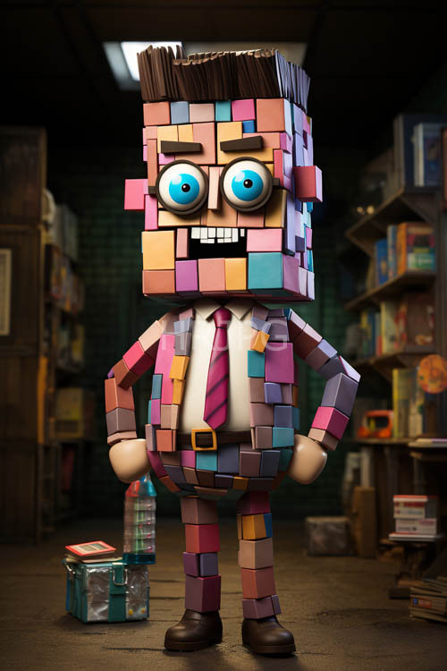 pixel art figures stand by book shelves and brick walls