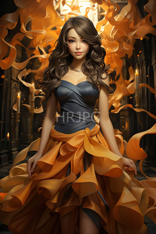 High Resolution: Rich brown locks cascade down back amidst fiery inferno and vibrant blue corset download. | HRJPG.com