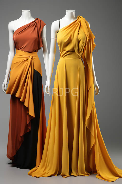 rust orange fabric folds dramatically from mannequin shoulder pooling on floor mustard yellow gown billows out