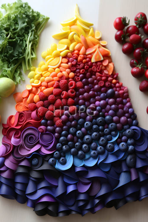 High Resolution: Fruit and Vegetable Gradient Display on Pristine Wood Arrangement download. | HRJPG.com