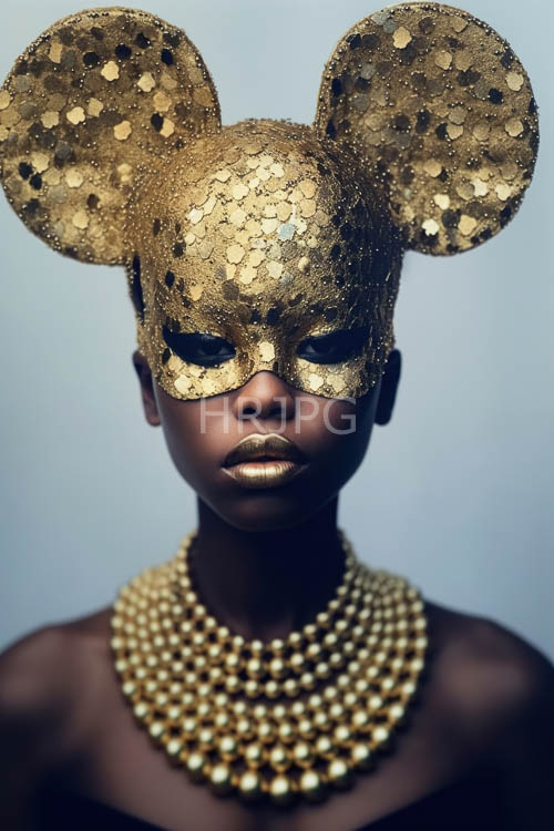 african womans confident presence amidst glittering gold sequin mask and pearl adornments in a luxurious setting