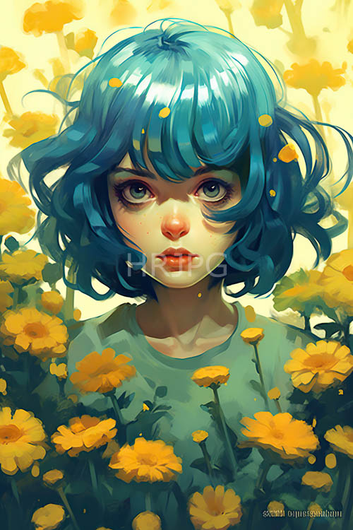 animestyle amidst field of yellow blooms and faint computer glow