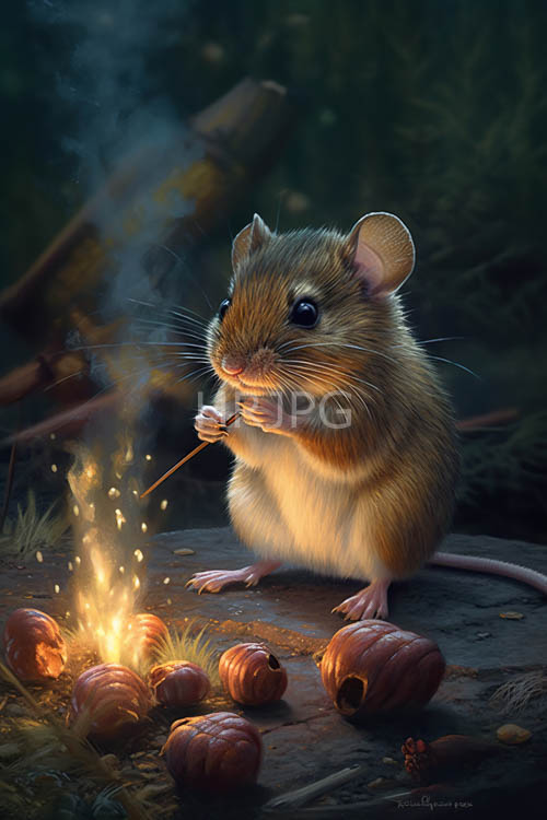 forest floor gradient with acorns and mouse by flickering matchstick light