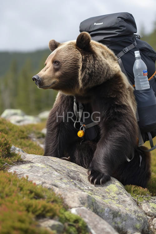 mossy granite outcroppings encase majestic brown bear amidst emerald forest