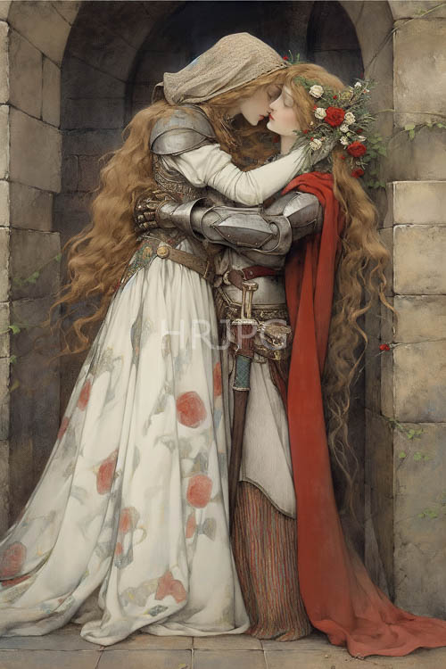 intricate stone carvings frame tender moment of two women sharing kiss beneath delicate floral arrangement