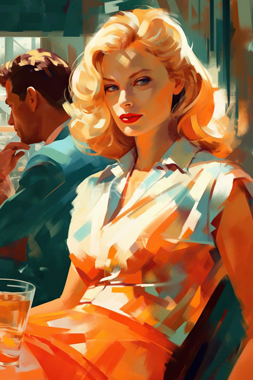 elegant woman dominates richly detailed room with confident posture and vibrant orange dress
