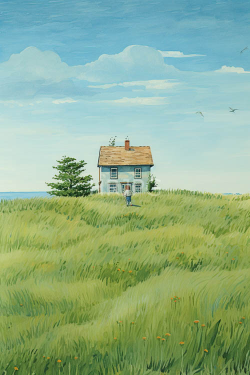 High Resolution: Isolated blue cottage surrounded by lush green grass and wildflowers under crisp clear blue sky download. | HRJPG.com