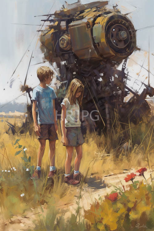 swaying grasses conceal two children amidst mechanical decay and blooming flowers in a twodimensional world