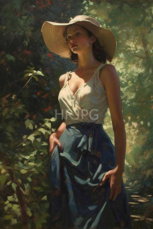 morning light filters through leafy canopy onto forest floor and delicate facial features