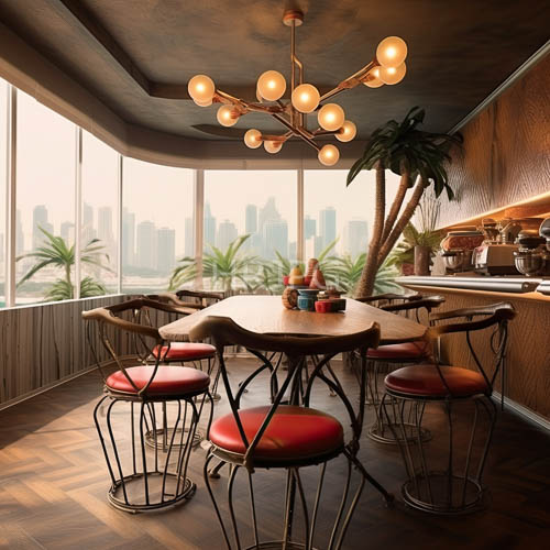 city skyline reflections on glossy glass surfaces amid dark wooden floors and pendant lights