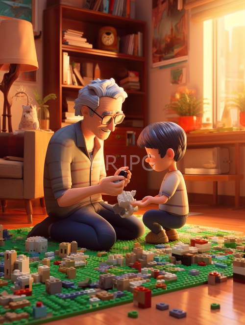 weathered grandfathers leisurely lego castle construction amidst cozy home environment