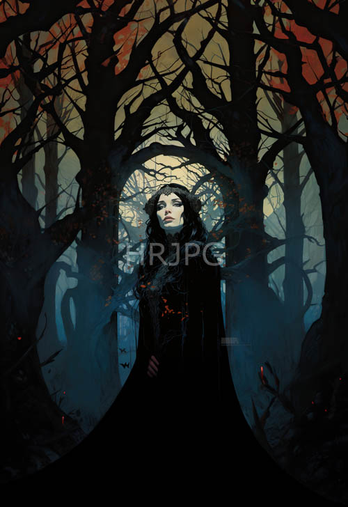 amidst twisted trees fiery skies unfold embers dance in flickering shadows dusks mysterious hush