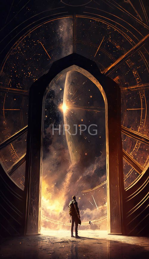 intricately carved doorway frames celestial vista with glowing planet suspension
