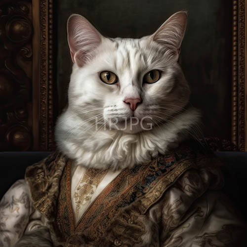 earthtoned silken garments draped intricately across sleek feline figure in renaissanceinspired setting under ambient light