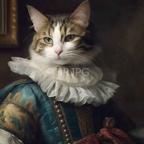 intricate lace and teal velvet drapes cascade down feline form in dimly lit environment