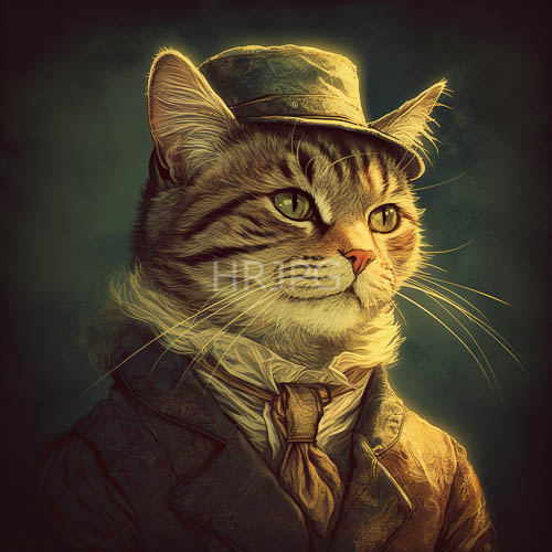sophisticated anthropomorphic tabby cat exudes refined elegance in vintage attire