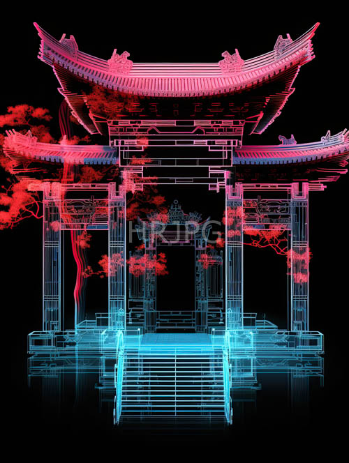 neon lights interact with traditional torii gate carvings and shadows