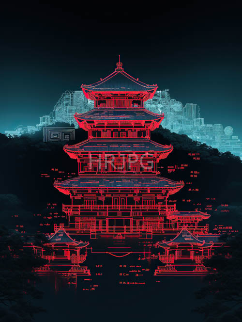neon hues dance across ancient pagoda structure in vibrant red multitiered architecture