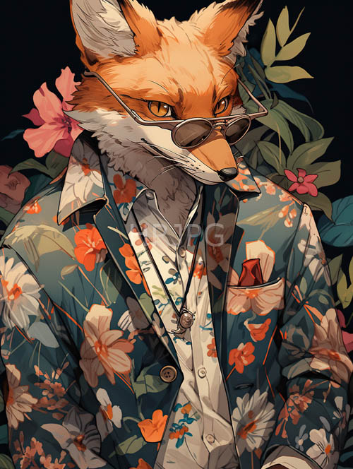 emerald and olive hues unfold across the landscape with an anthropomorphic foxs quirky persona