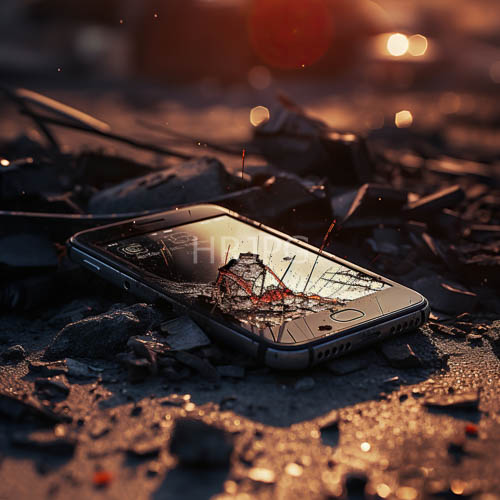 sunset light illuminates shattered smartphone amidst chaotic evening