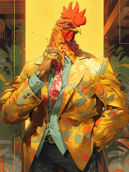 rooster displays intricate patterned suit in ornate farm setting with muted light