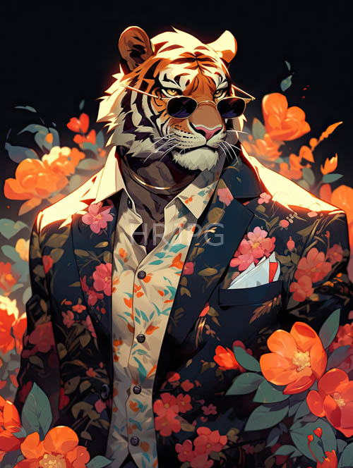 tigers elegant encounter with vintage floral patterns amidst inky blackness