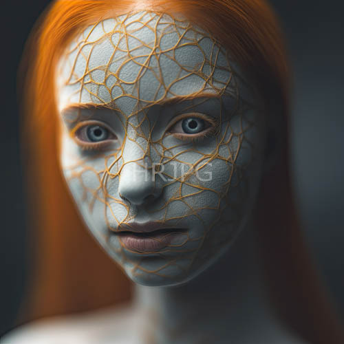 fragile features set against rich crimson locks and deep crystalline blue eyes