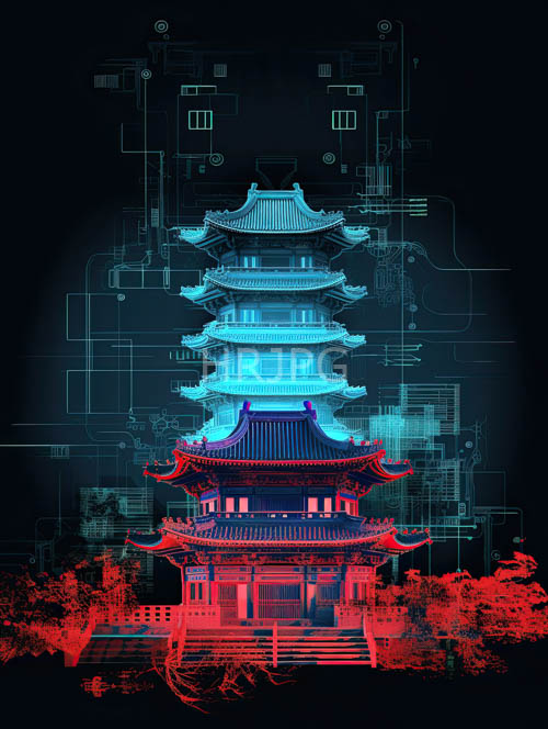 High Resolution: Intricately carved stone pagoda rises amidst crimson foliage and neonlit circuitry patterns download. | HRJPG.com