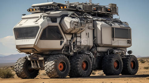 futuristic armored vehicle dominates arid desert landscape with jagged outcroppings
