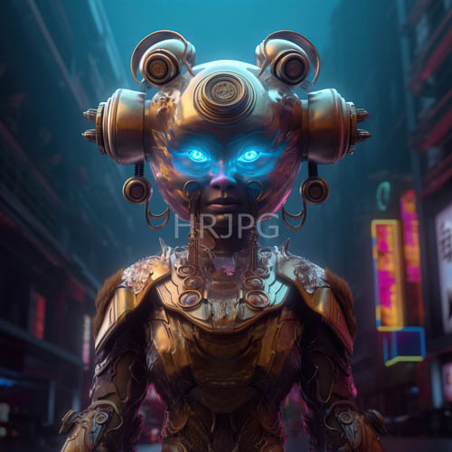 neon reflections on metallic robotic form in urban alleyway setting under dim illumination
