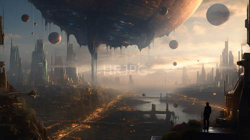 futuristic metropolis unfolds its crimson amber hues under fading light of twilight