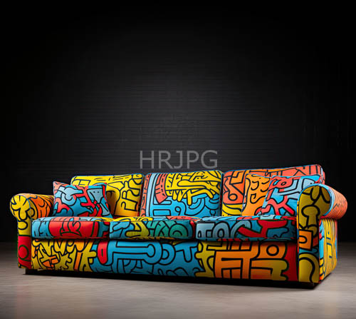 High Resolution: Eclectic Colorful Sofa Set Dominates Dark Brick Wall Background download. | HRJPG.com